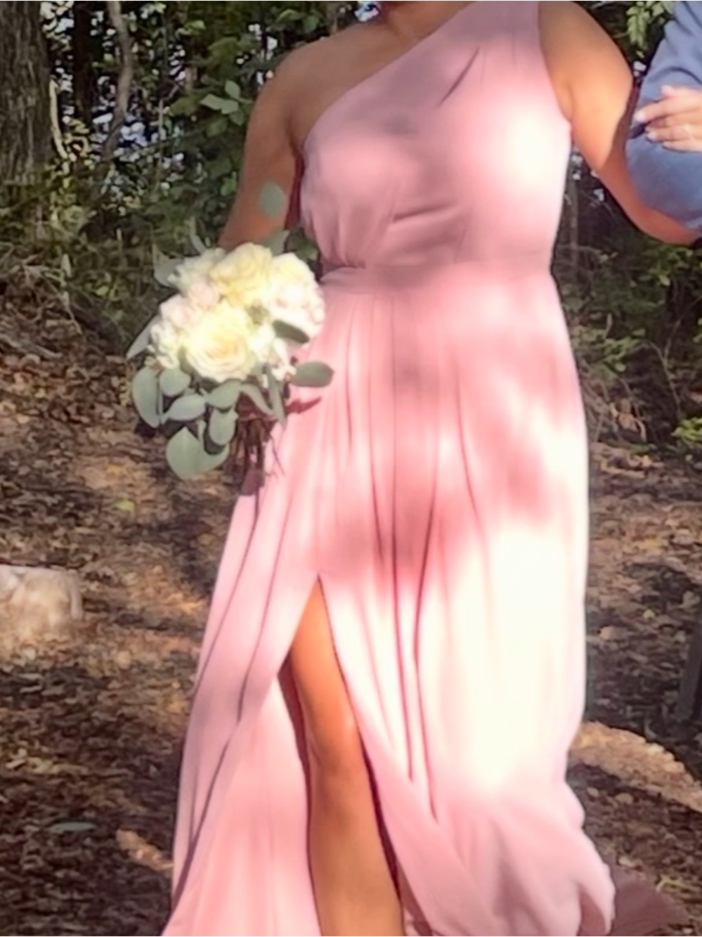 David's Bridal One-Shoulder Blush Pink Maxi Dress with Side Slit